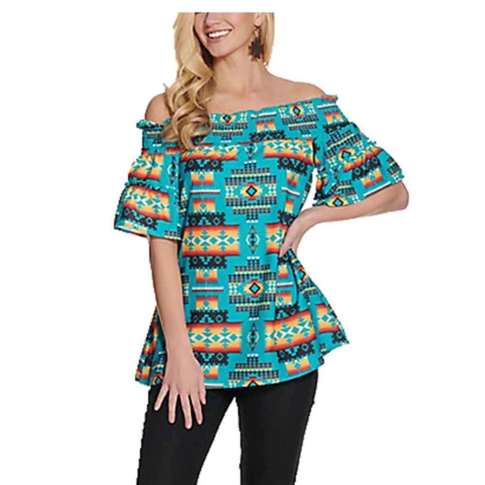 Turquoise Aztec Off Shoulder Top